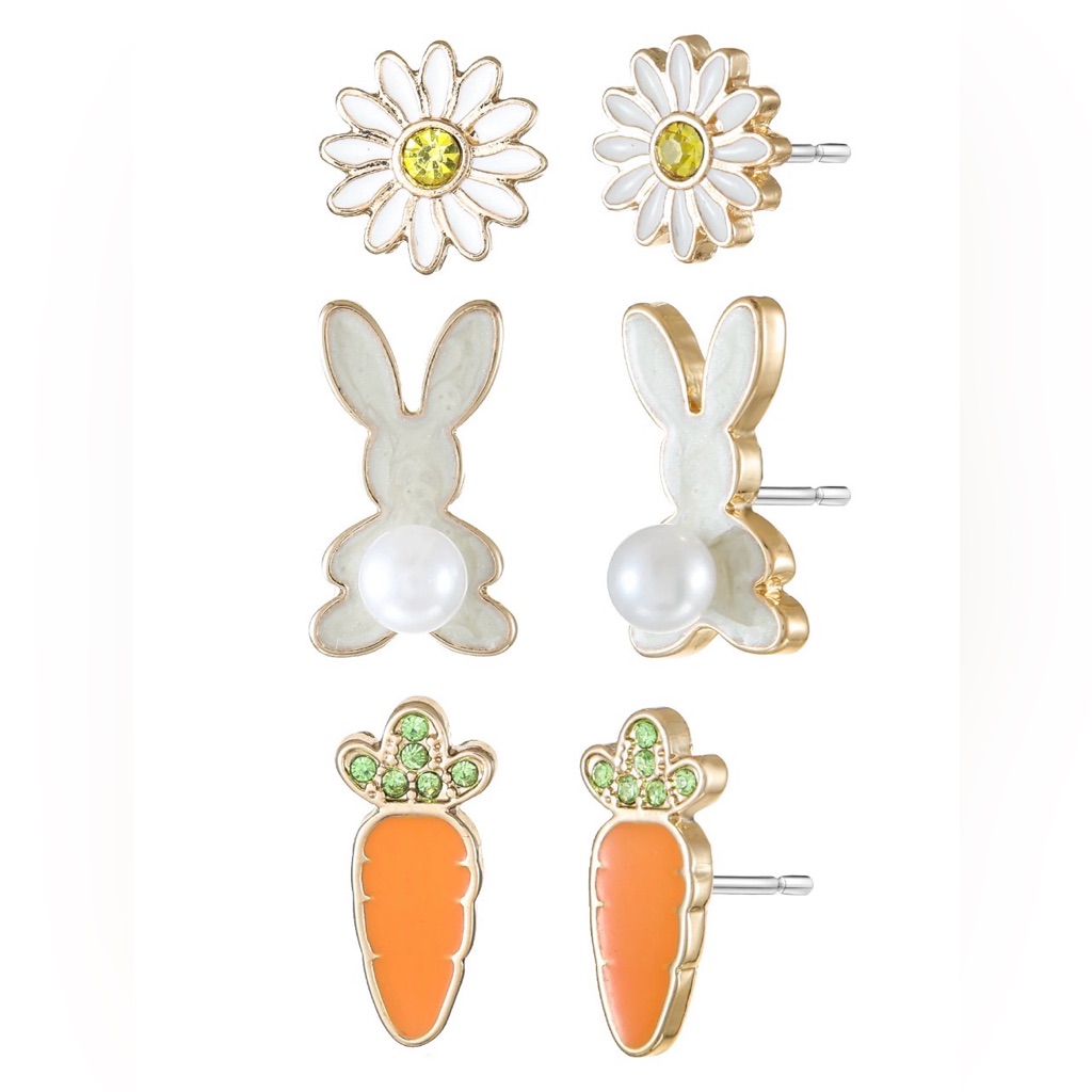 Way To Celebrate Easter Stud Earrings Set- Bunny, Carrot, Daisy Goldtone Set
